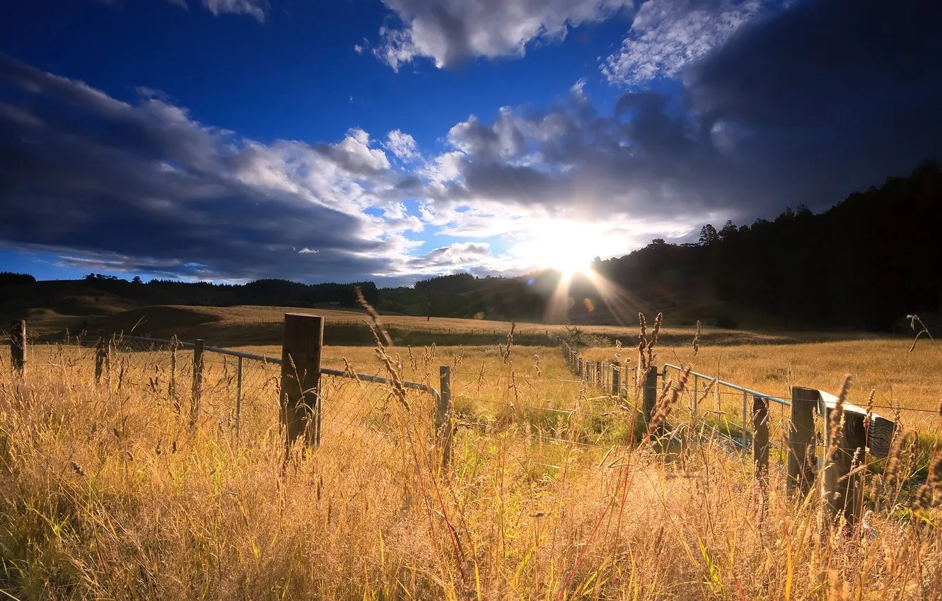 Photo wallpaper field, the sky, the sun, clouds, mountains, nature, sunrise, new