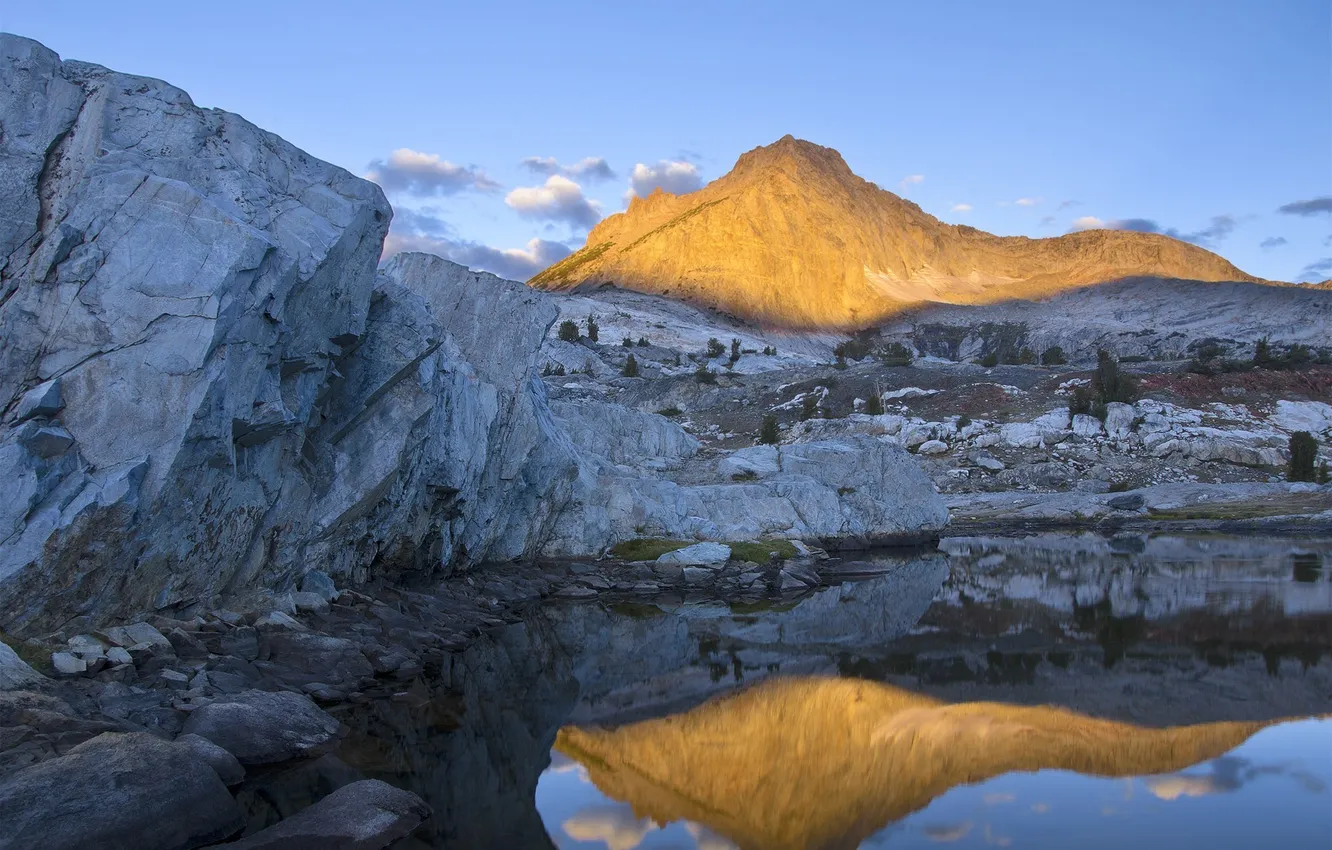 Photo wallpaper mountains, nature, lake, reflection, rocks, dawn