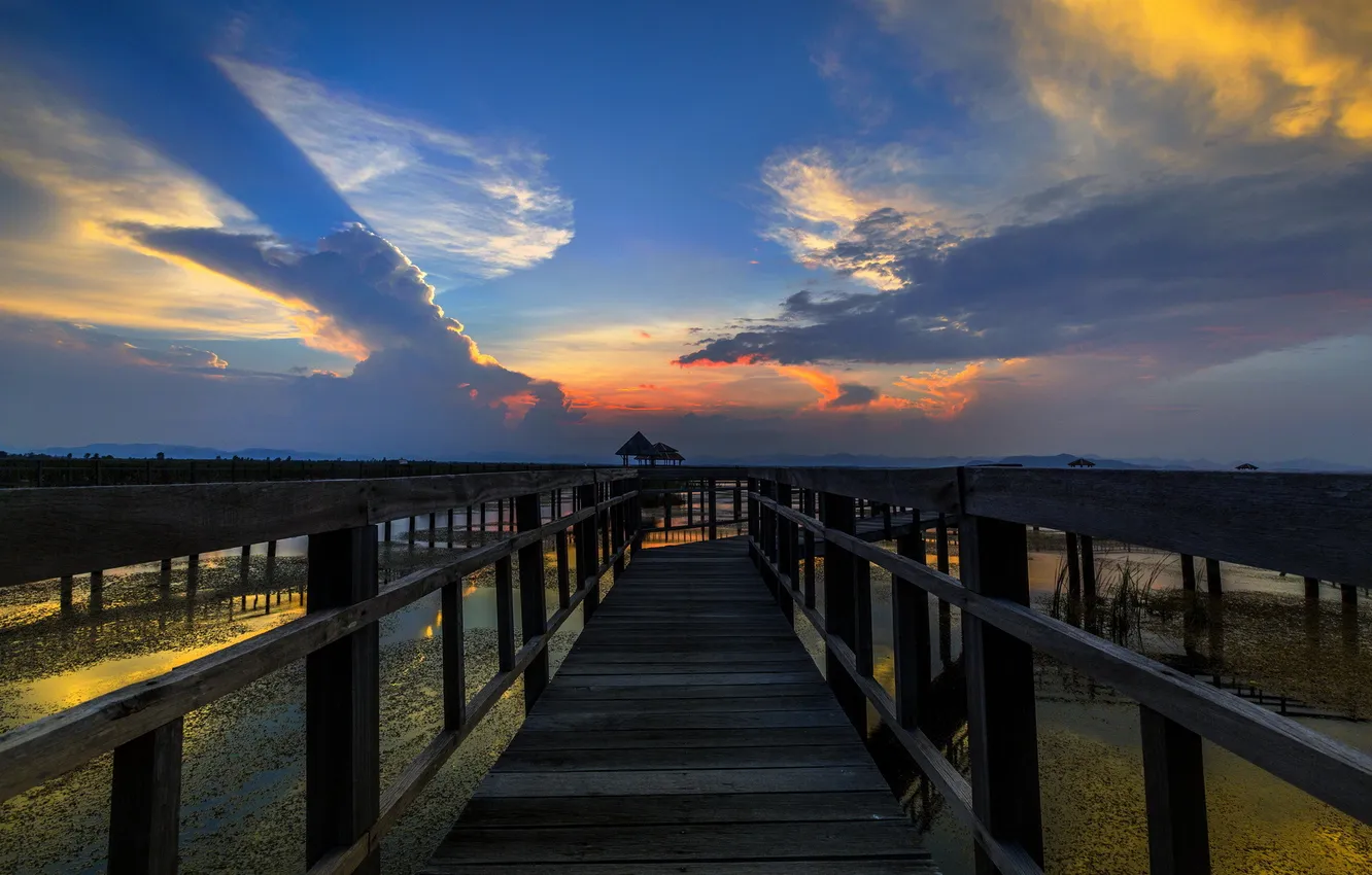 Photo wallpaper landscape, sunset, bridge