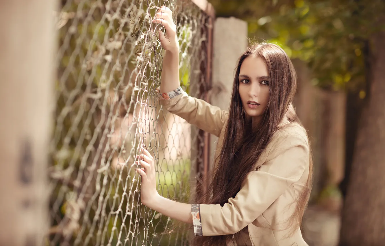 Photo wallpaper look, girl, face, hair, the fence