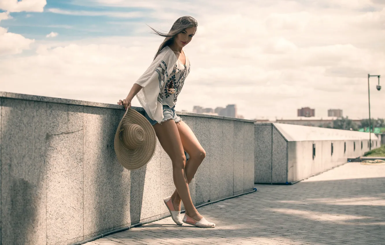 Photo wallpaper summer, girl, shorts, hat, legs