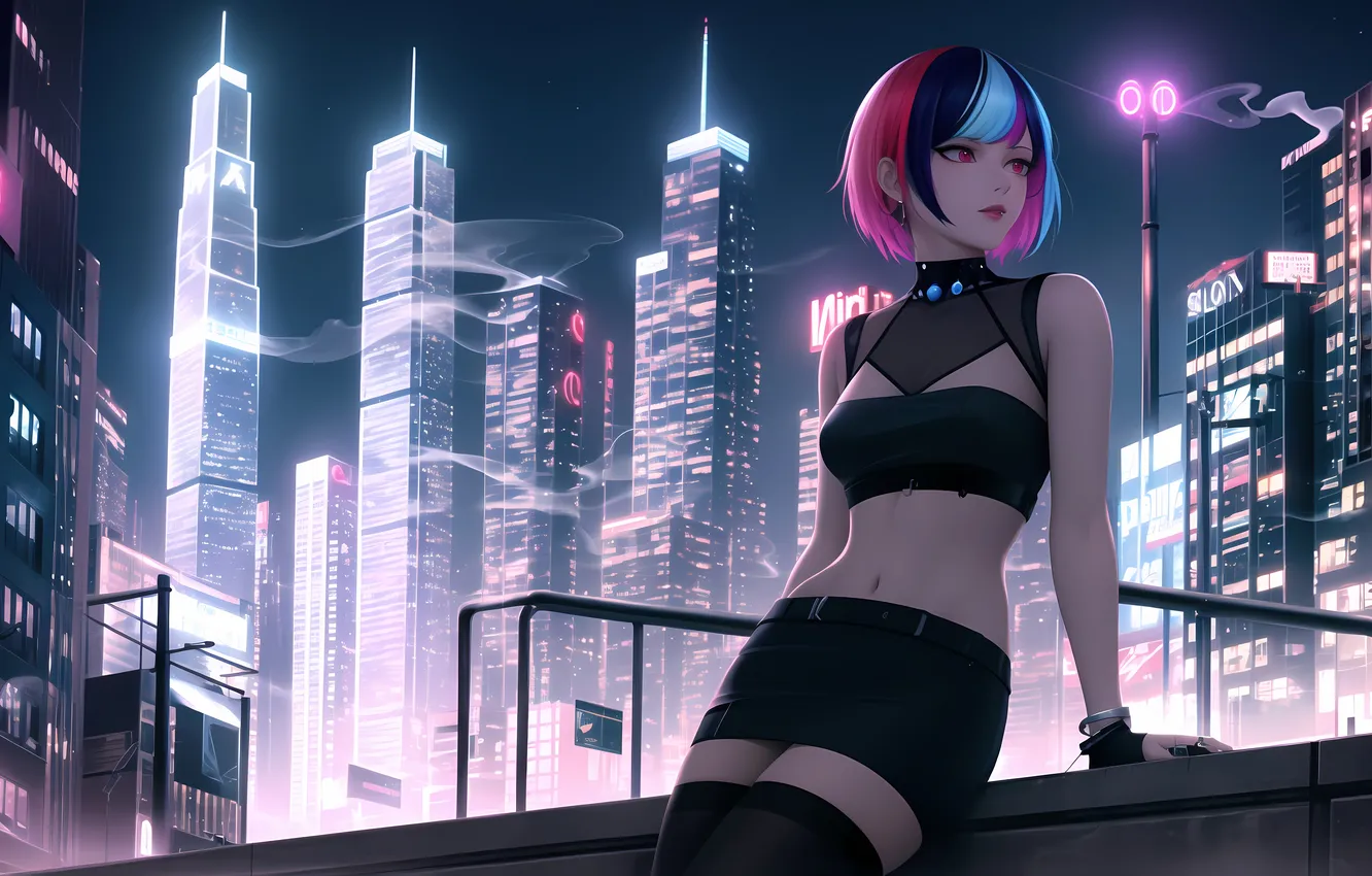 Photo wallpaper city, girl, sexy, cleavage, thighhighs, pink hair, boobs, sexy girl