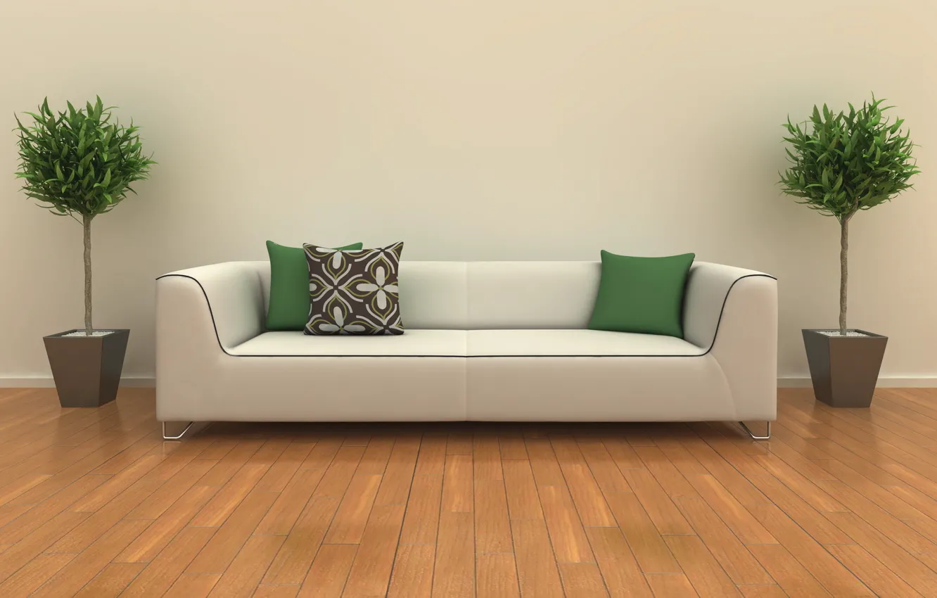 Photo wallpaper white, design, room, sofa, interior, plants, pillow, green