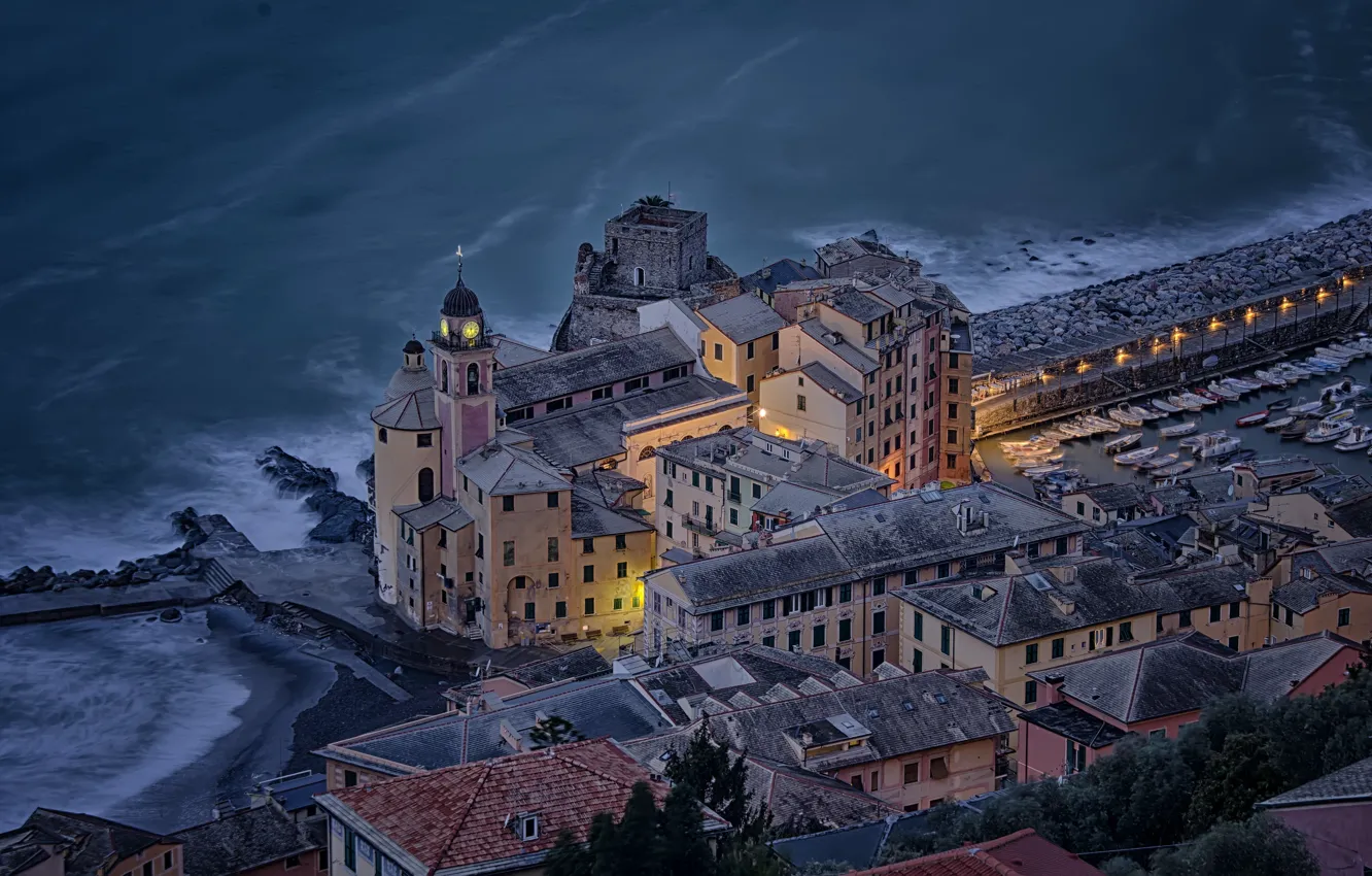 Photo wallpaper sea, lights, home, Italy, Fort, Basilica, Camogli