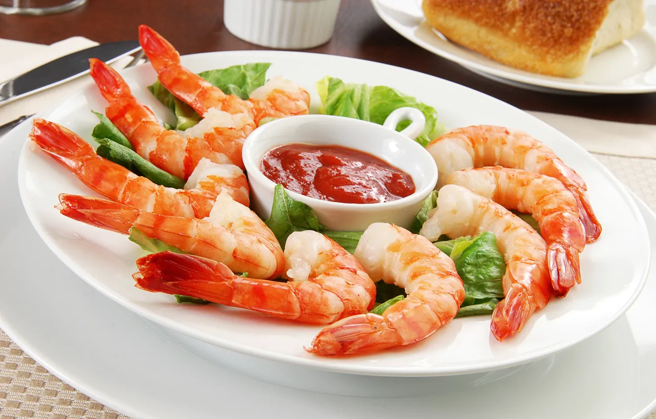 Photo wallpaper plate, sauce, shrimp, seafood