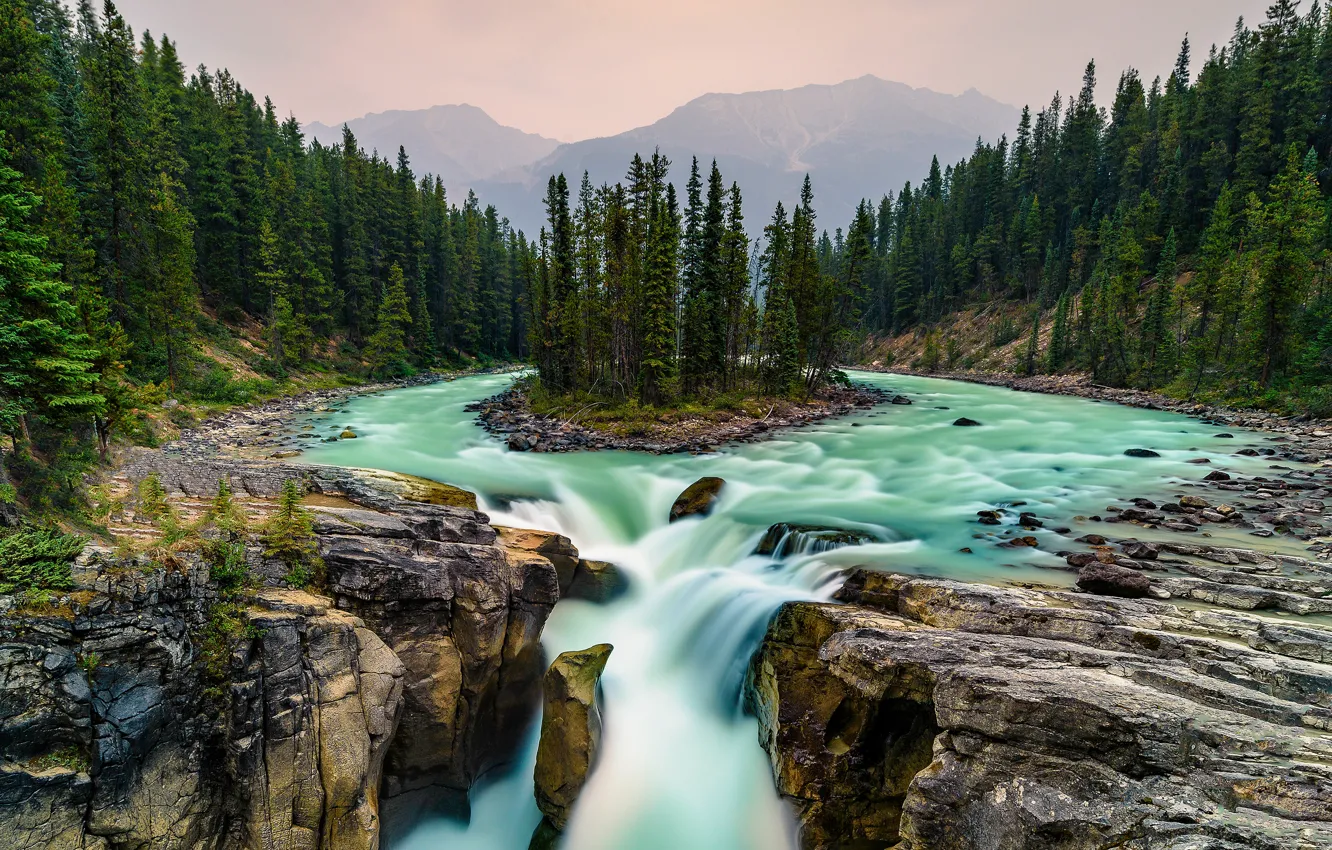 Photo wallpaper forest, mountains, stones, rocks, waterfall