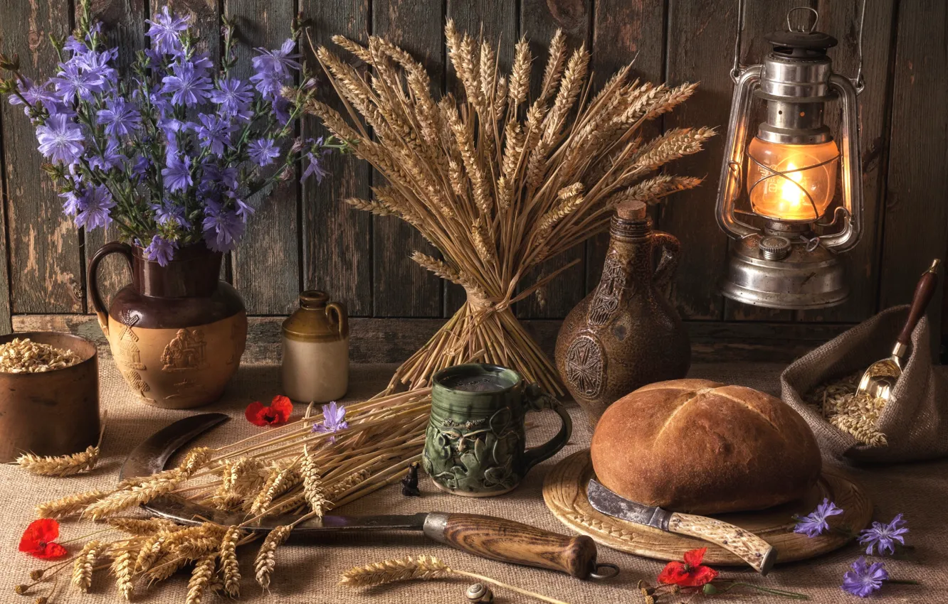 Photo wallpaper wheat, grain, bread, knife, mug, lantern, pitcher, still life