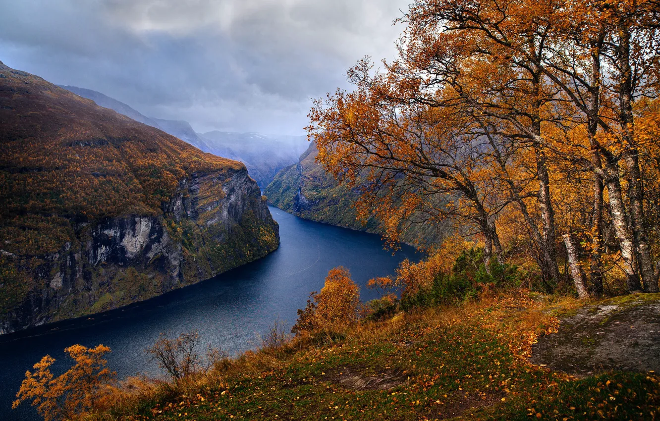 Photo wallpaper autumn, trees, landscape, clouds, nature, rocks, Norway, the fjord