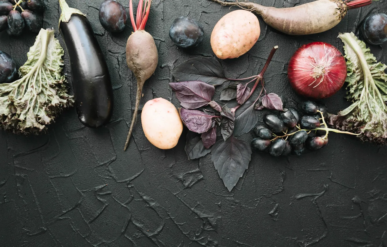 Photo wallpaper greens, berries, grapes, vegetables, beets