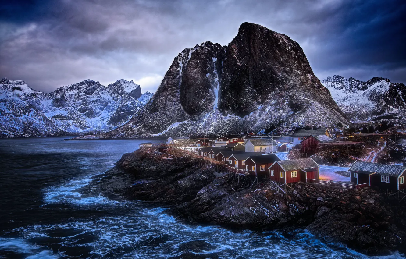 Photo wallpaper winter, sea, mountains, village, Norway, houses, Norway, the fjord