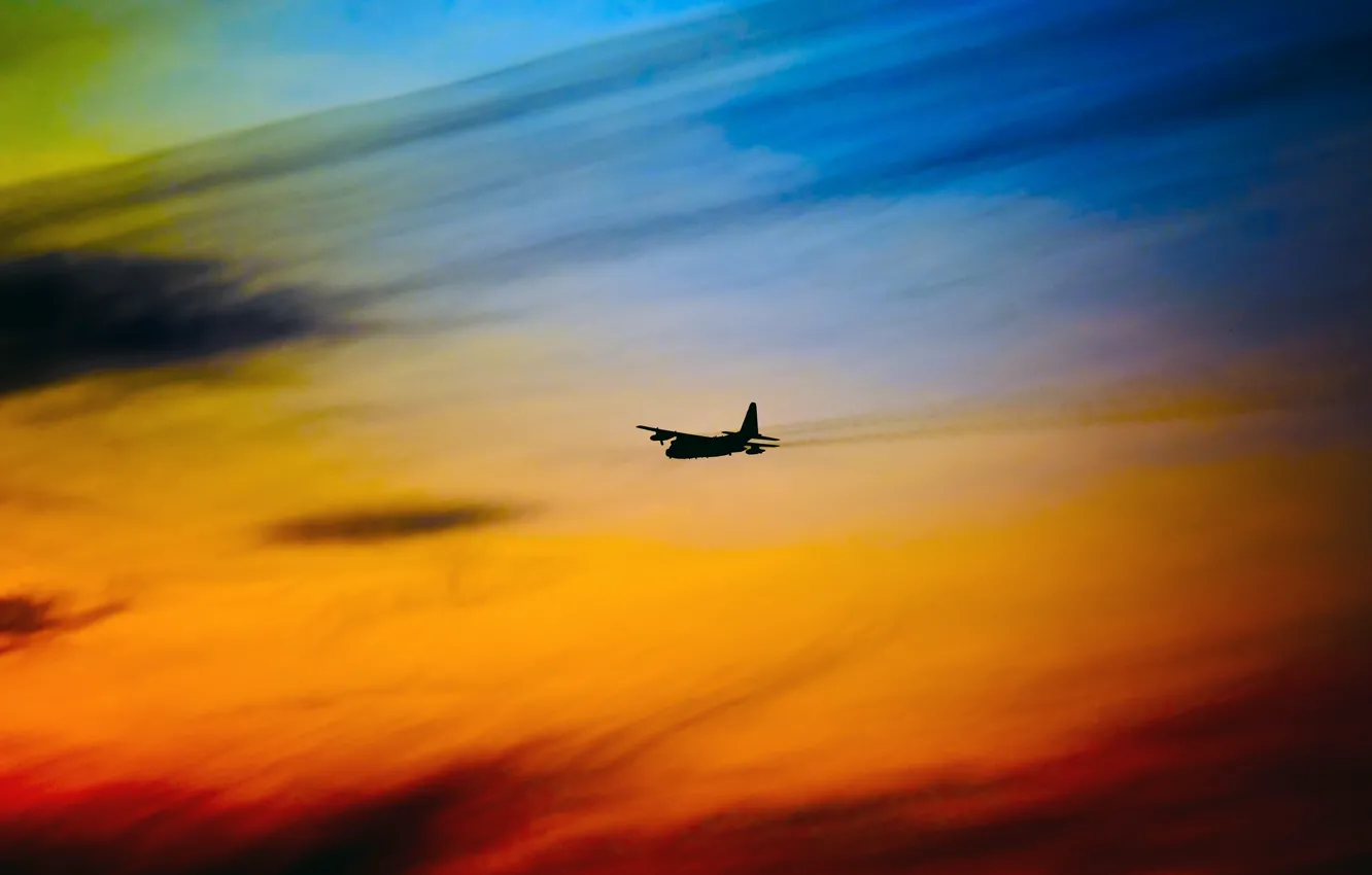 Photo wallpaper the sky, silhouette, glow, the plane