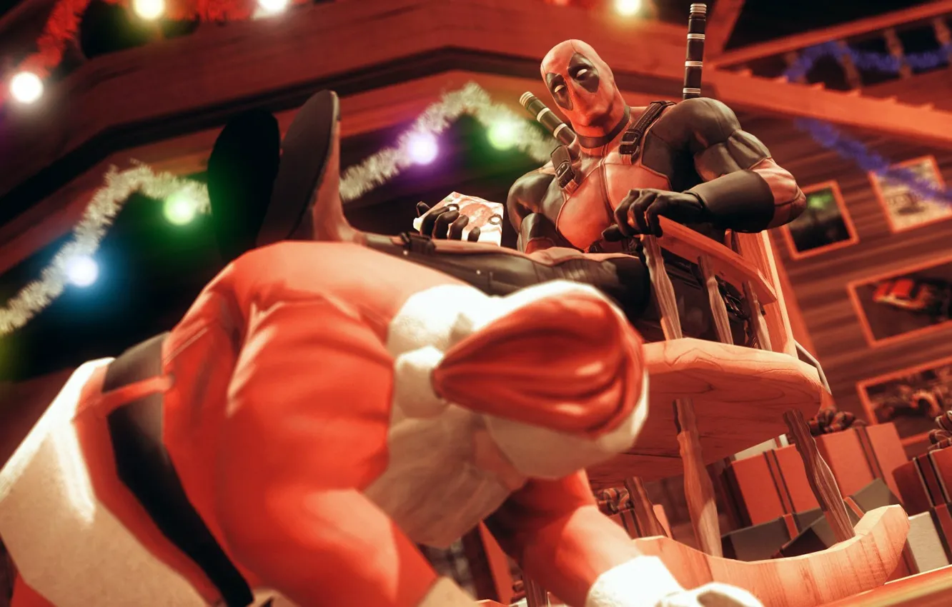 Photo wallpaper rendering, holiday, costume, villain, Deadpool, Santa, Santa Claus, marvel comics