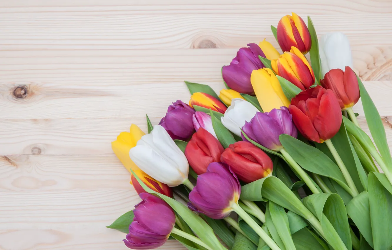 Photo wallpaper flowers, bouquet, colorful, tulips, love, pink, wood, pink