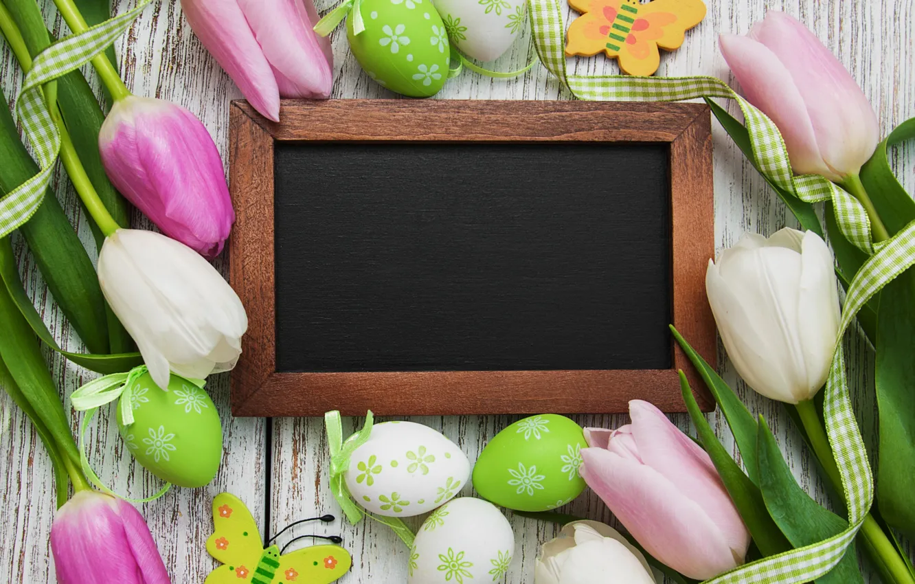 Photo wallpaper flowers, eggs, spring, colorful, Easter, tulips, wood, pink