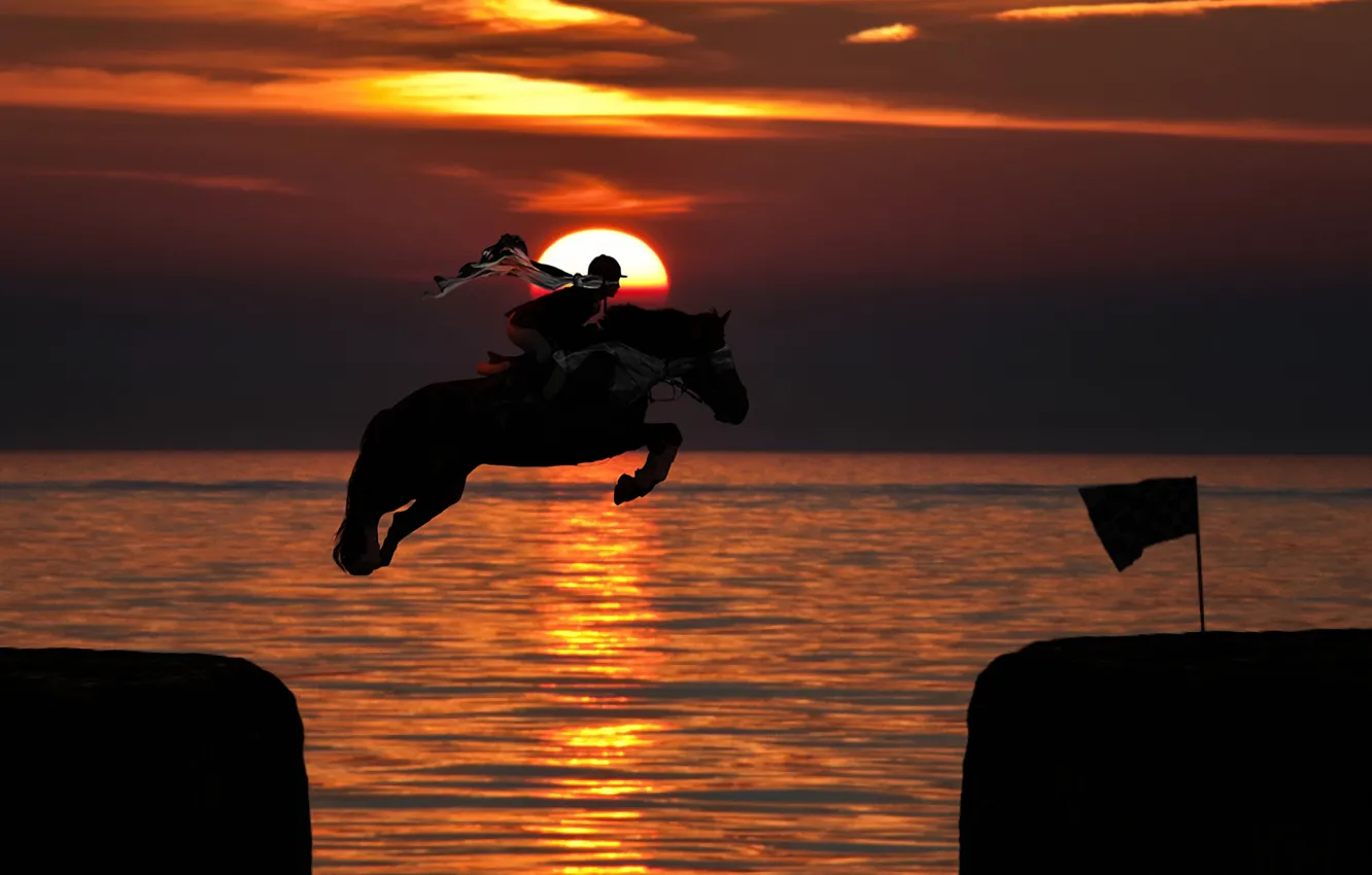 Photo wallpaper sunset, the ocean, jump, horse, The sun, rider