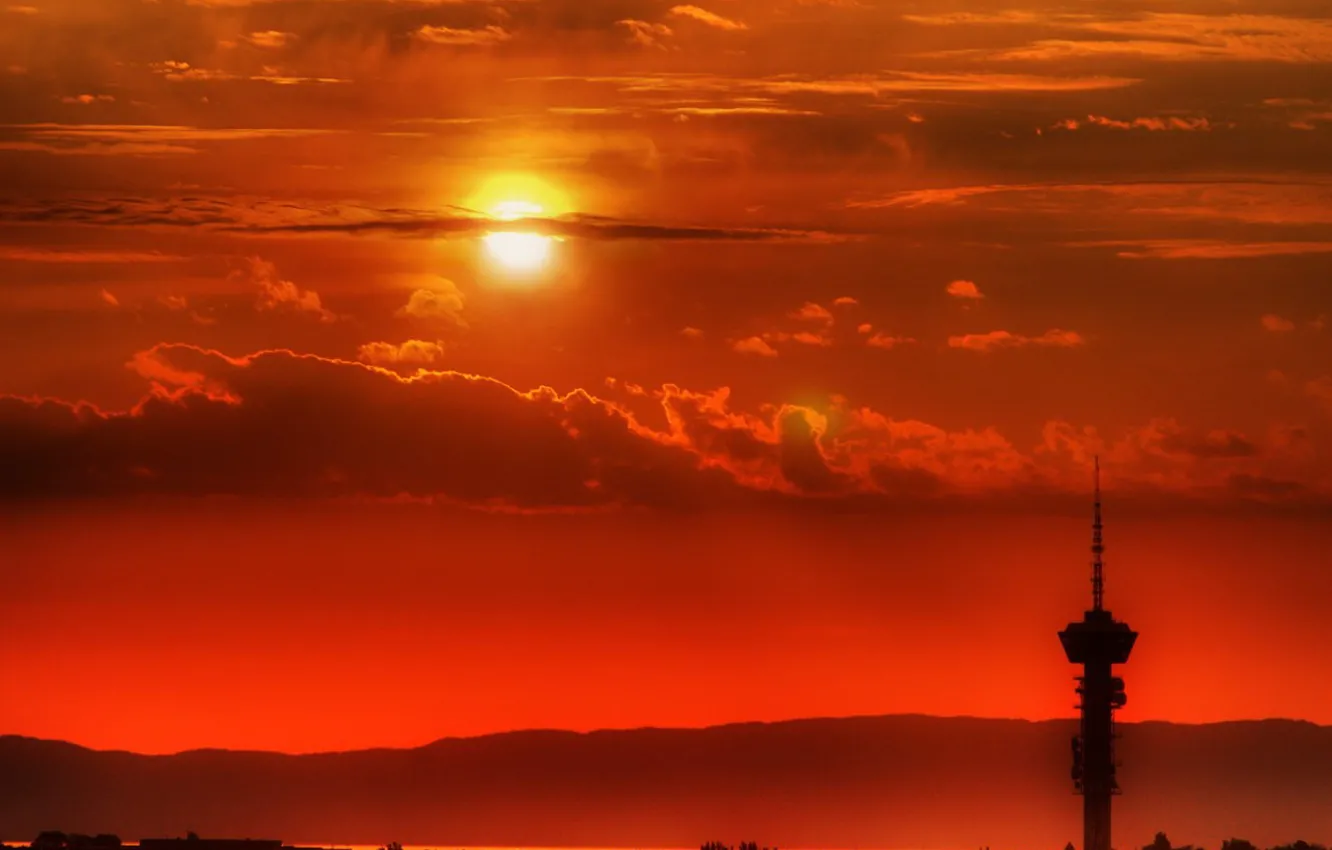 Photo wallpaper the sun, clouds, tower