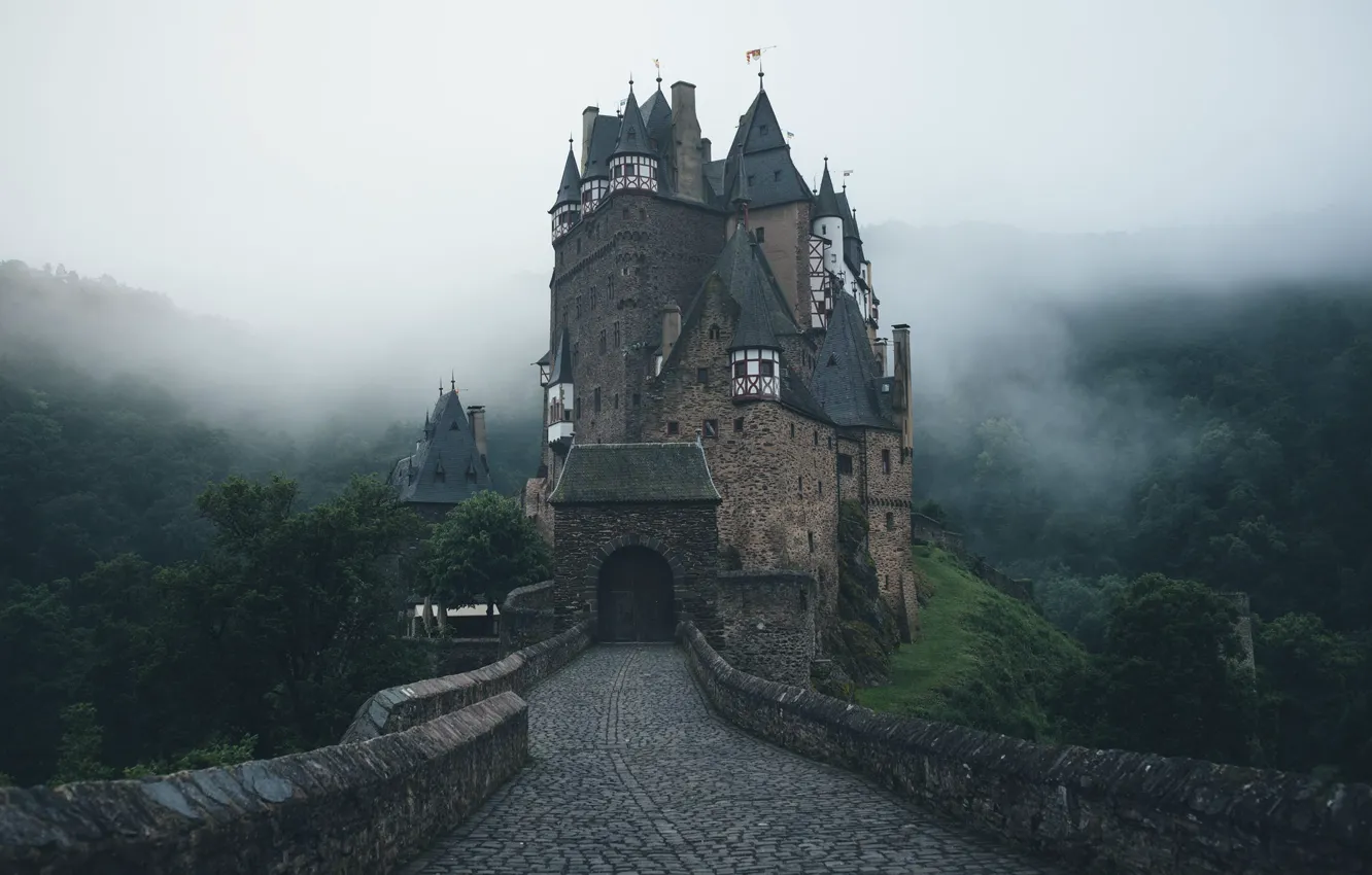 Photo wallpaper the sky, bridge, fog, Germany, ELTZ castle, medieval architecture