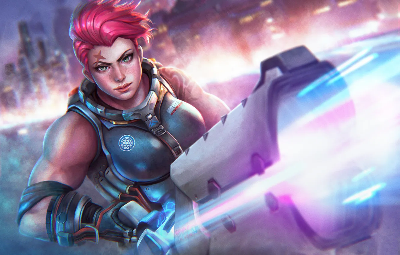 Photo wallpaper girl, art, gun, armor, Overwatch, Alexander Zaryanova, zarya