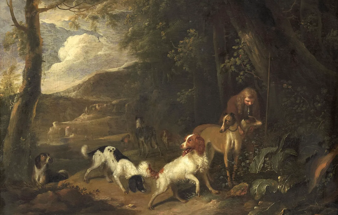 Photo wallpaper oil, picture, canvas, Adriaen Cornelisz Beeldemaker, 1699, A hunter with a Dog, Adrian Cornelis Baldinger