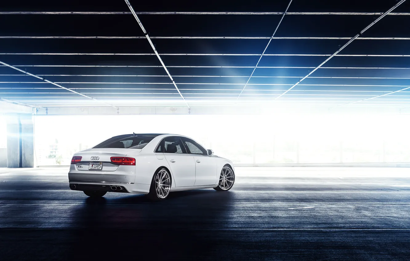 Photo wallpaper Audi, Parking, white, Blik, rear, A8 L
