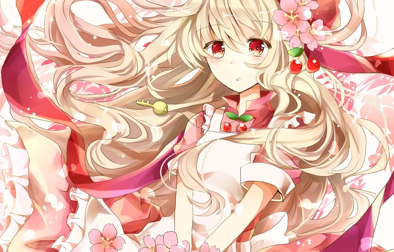 Photo wallpaper girl, flowers, Sakura, key, art, tape, cherries, mary