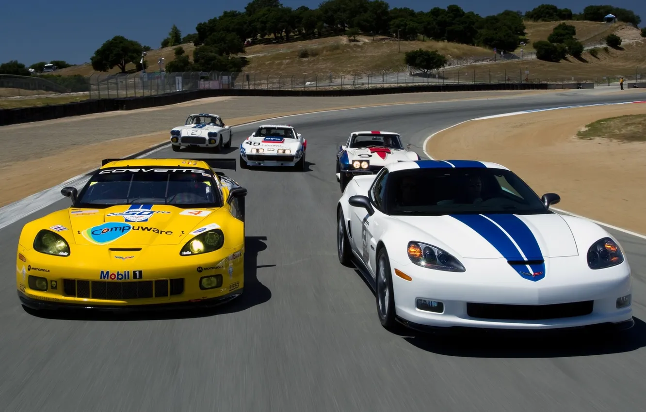 Photo wallpaper background, Corvette, Chevrolet, Chevrolet, racing track, the front, Corvette, different generations