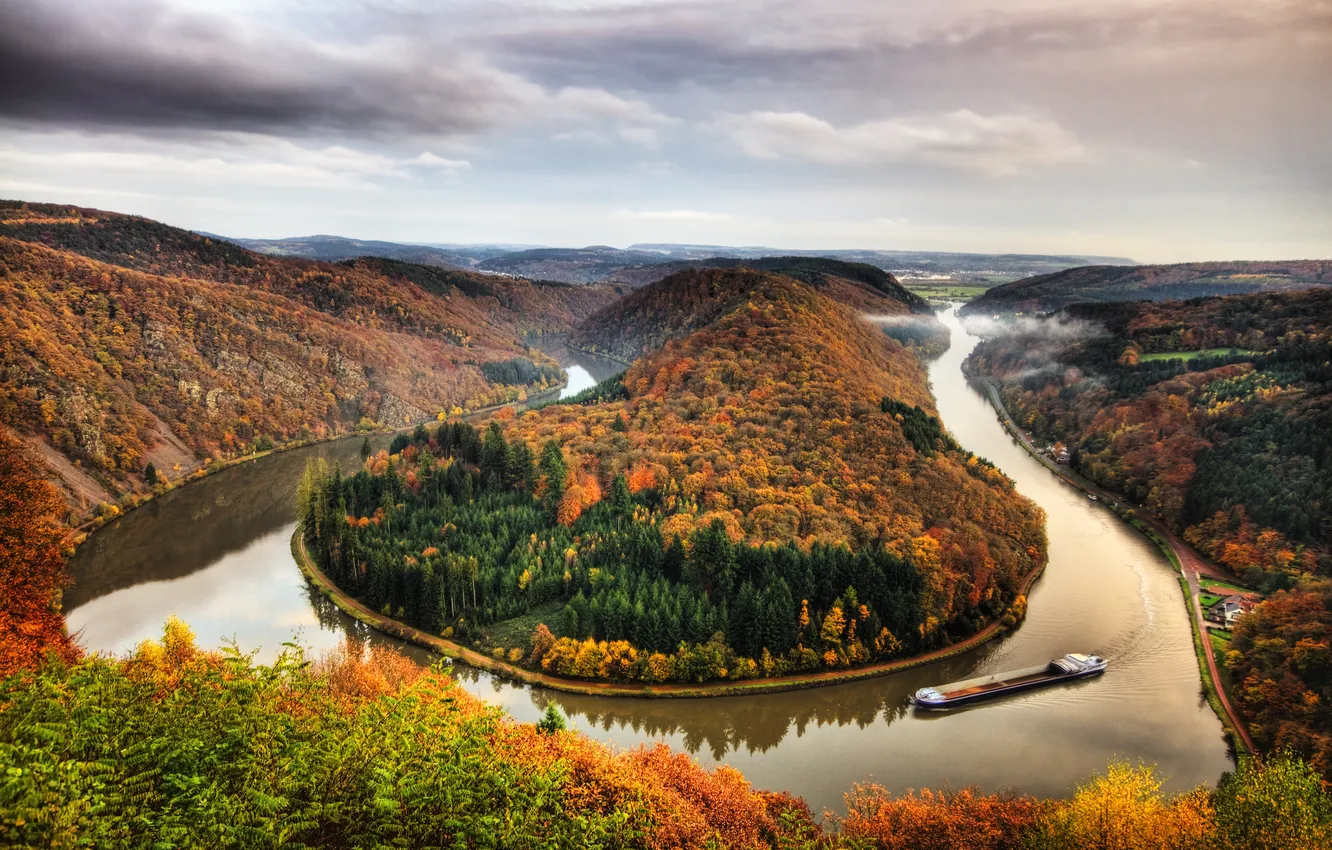 Photo wallpaper autumn, forest, mountains, river, Germany, curves, panorama, Saar loop