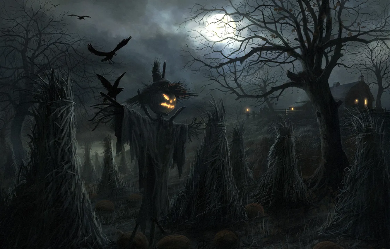 Photo wallpaper field, night, house, the moon, Halloween, Scarecrow