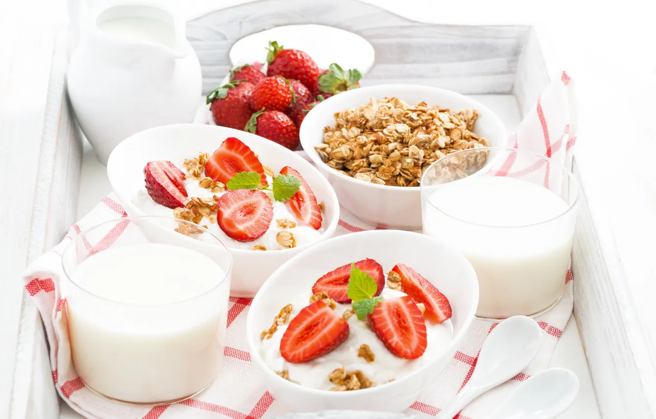 Photo wallpaper milk, strawberry, Breakfast with strawberries
