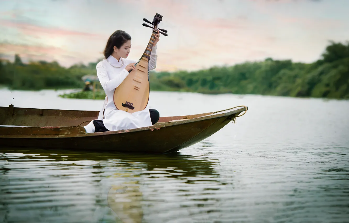 Photo wallpaper girl, music, boat, tool, Asian, pond