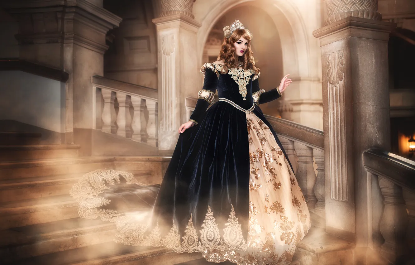 Photo wallpaper look, girl, light, decoration, pose, style, castle, the descent