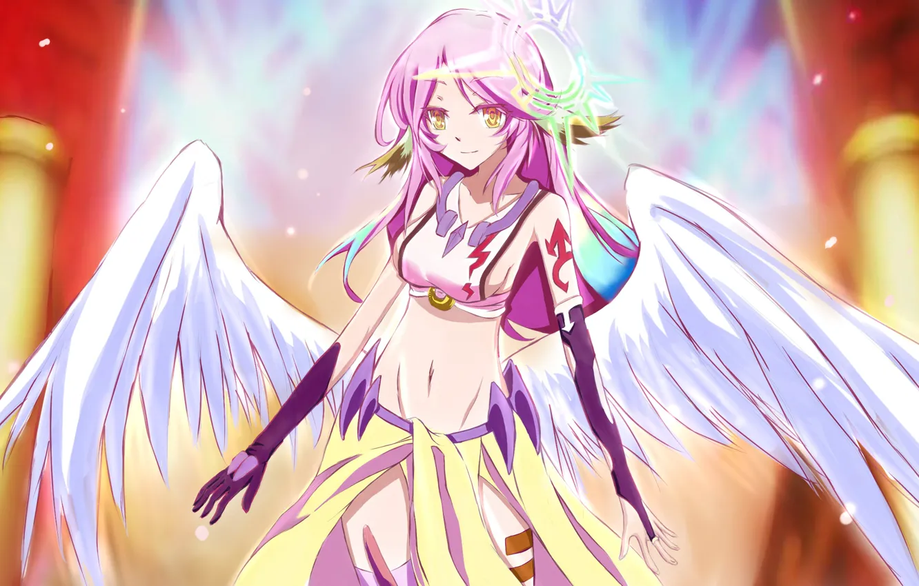 Photo wallpaper gloves, halo, yellow eyes, blurred background, pink hair, Gabriel, white wings, No game no life