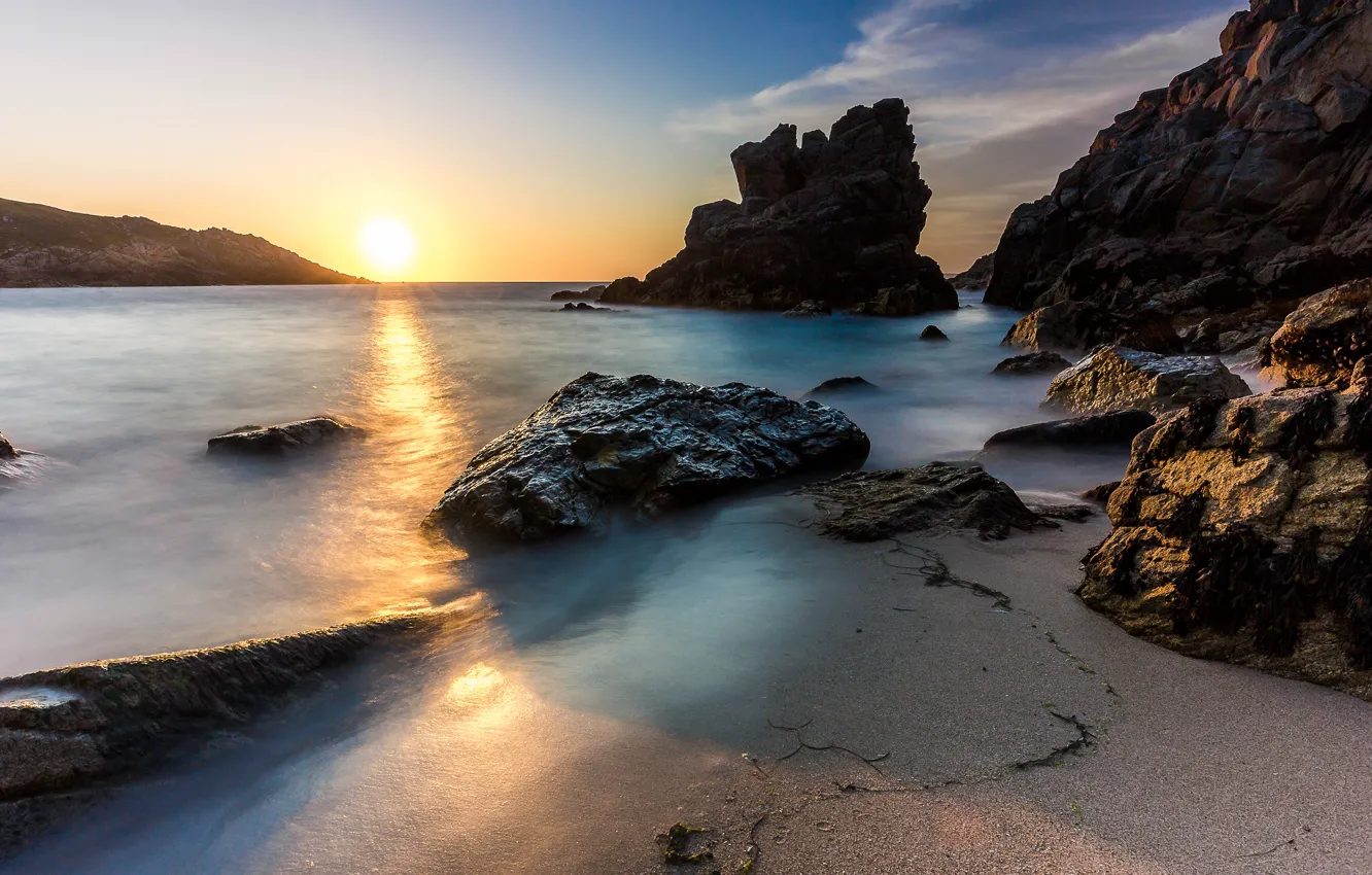 Photo wallpaper sand, sea, beach, the sky, the sun, light, stones, rocks