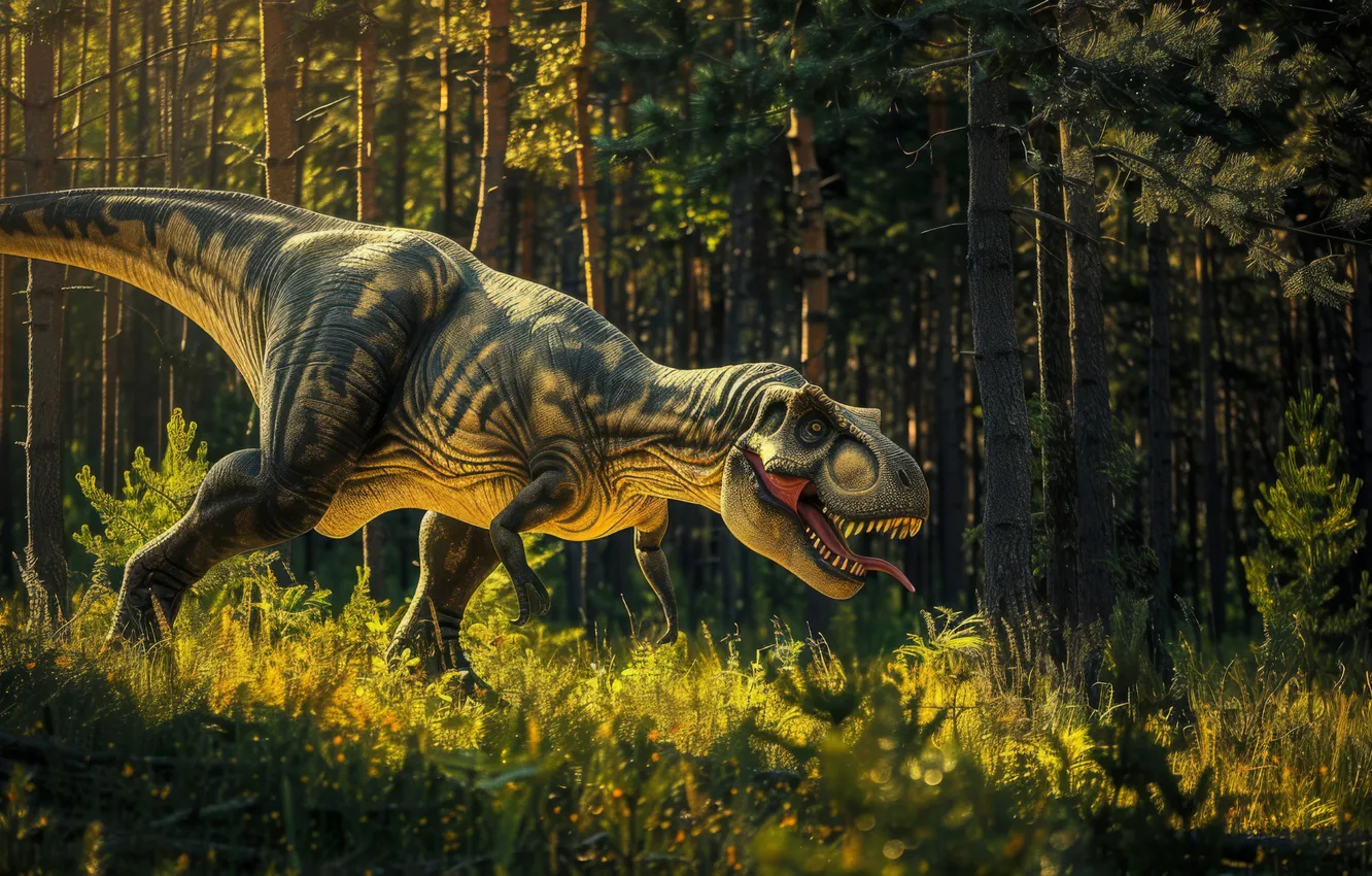 Photo wallpaper grass, trees, animal, dinosaur, predator, Tyrannosaurus, digital art, Tyrannosaurus Rex