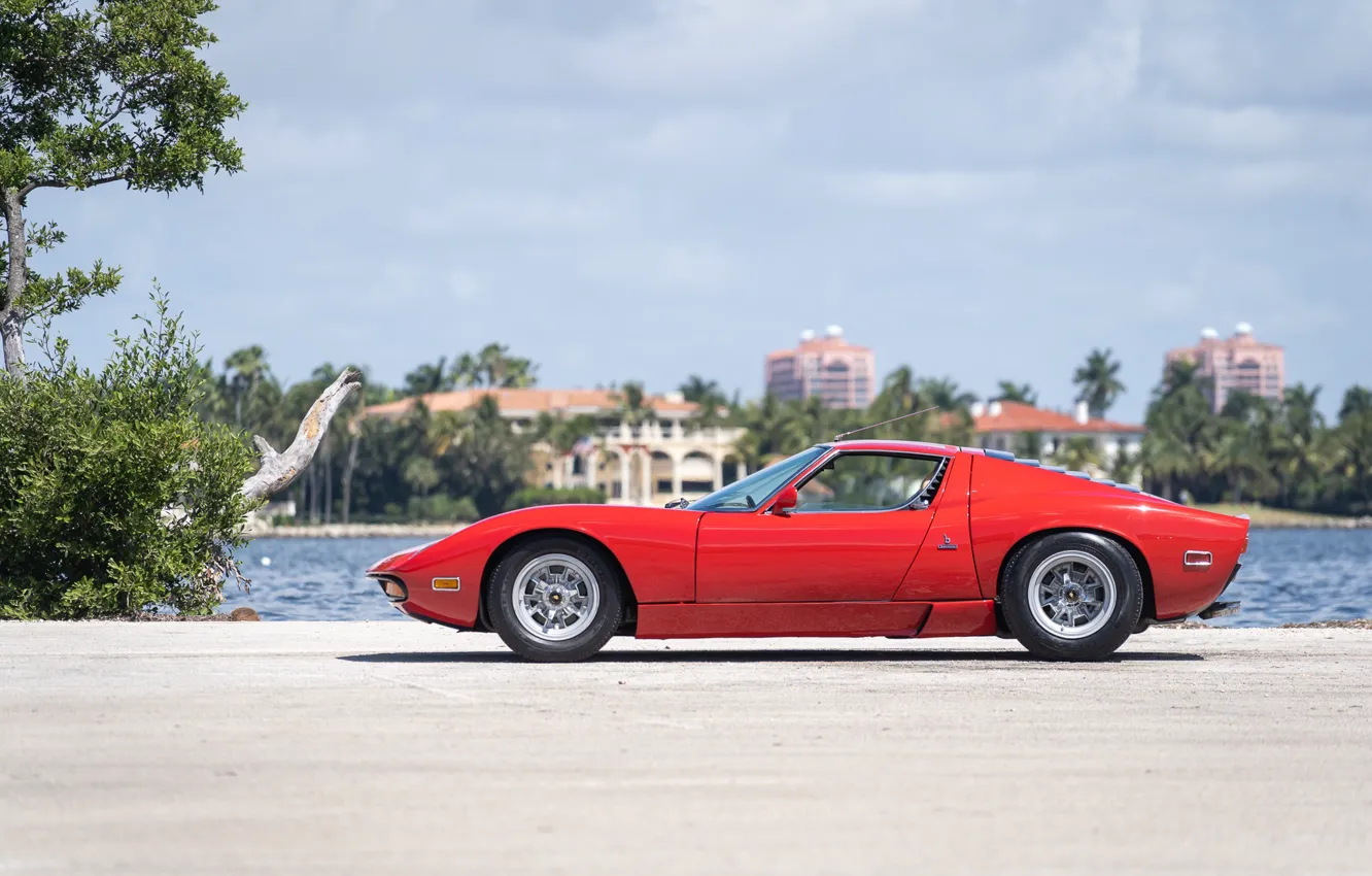 Photo wallpaper red, Lamborghini, Lambo, side view, Miura, Lamborghini Miura P400 SV