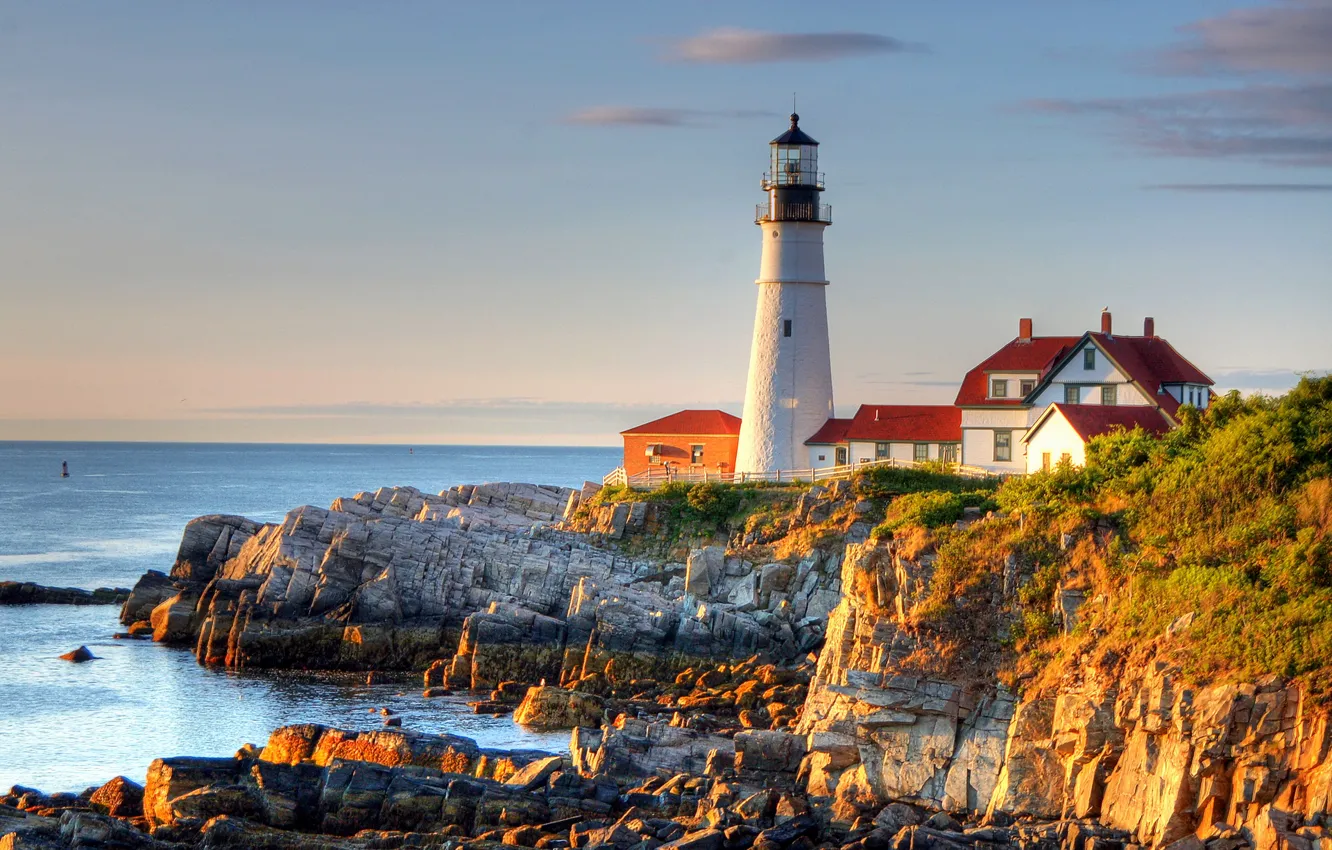 Photo wallpaper sea, the sky, sunset, rock, house, stones, lighthouse, USA