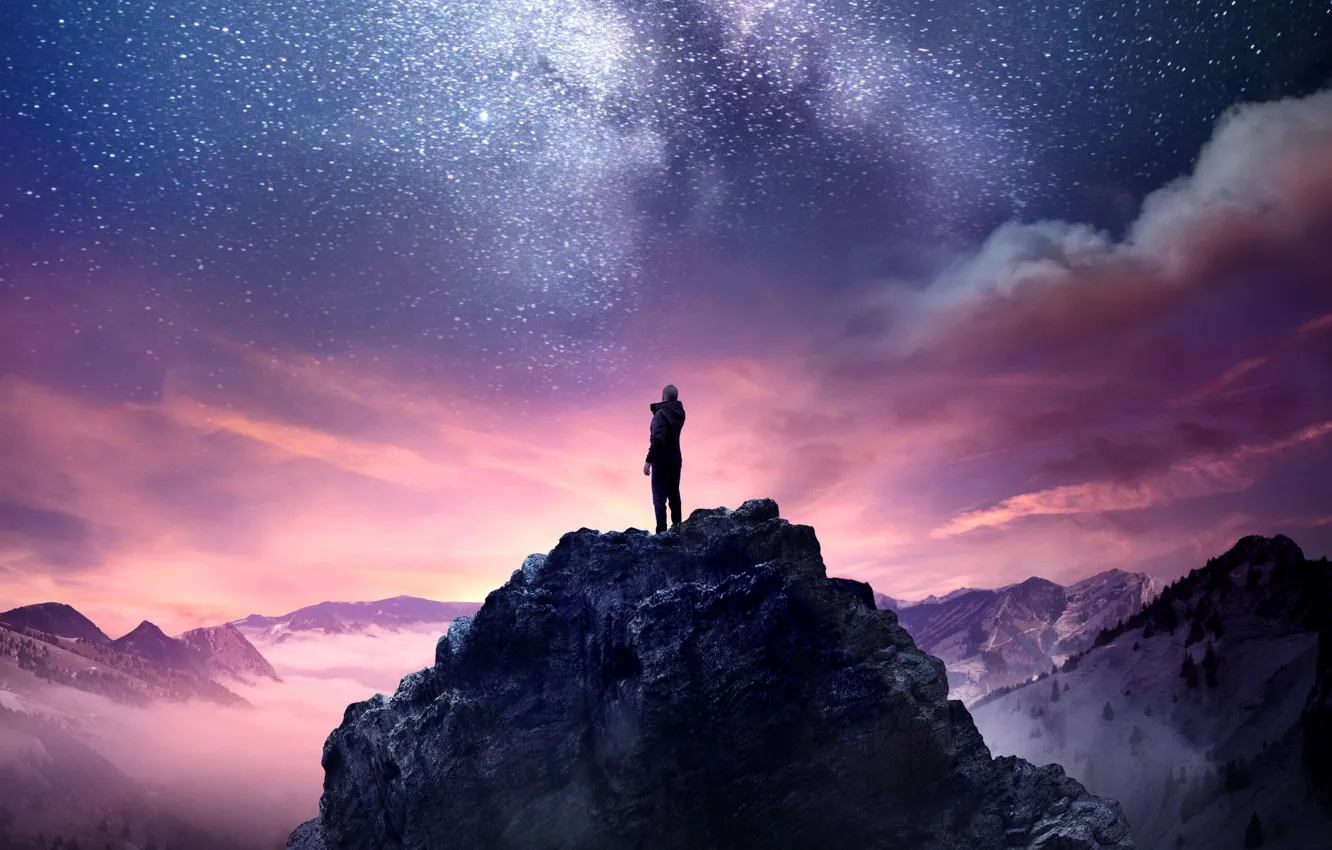 Photo wallpaper the sky, space, stars, clouds, sunset, mountains, night, rendering