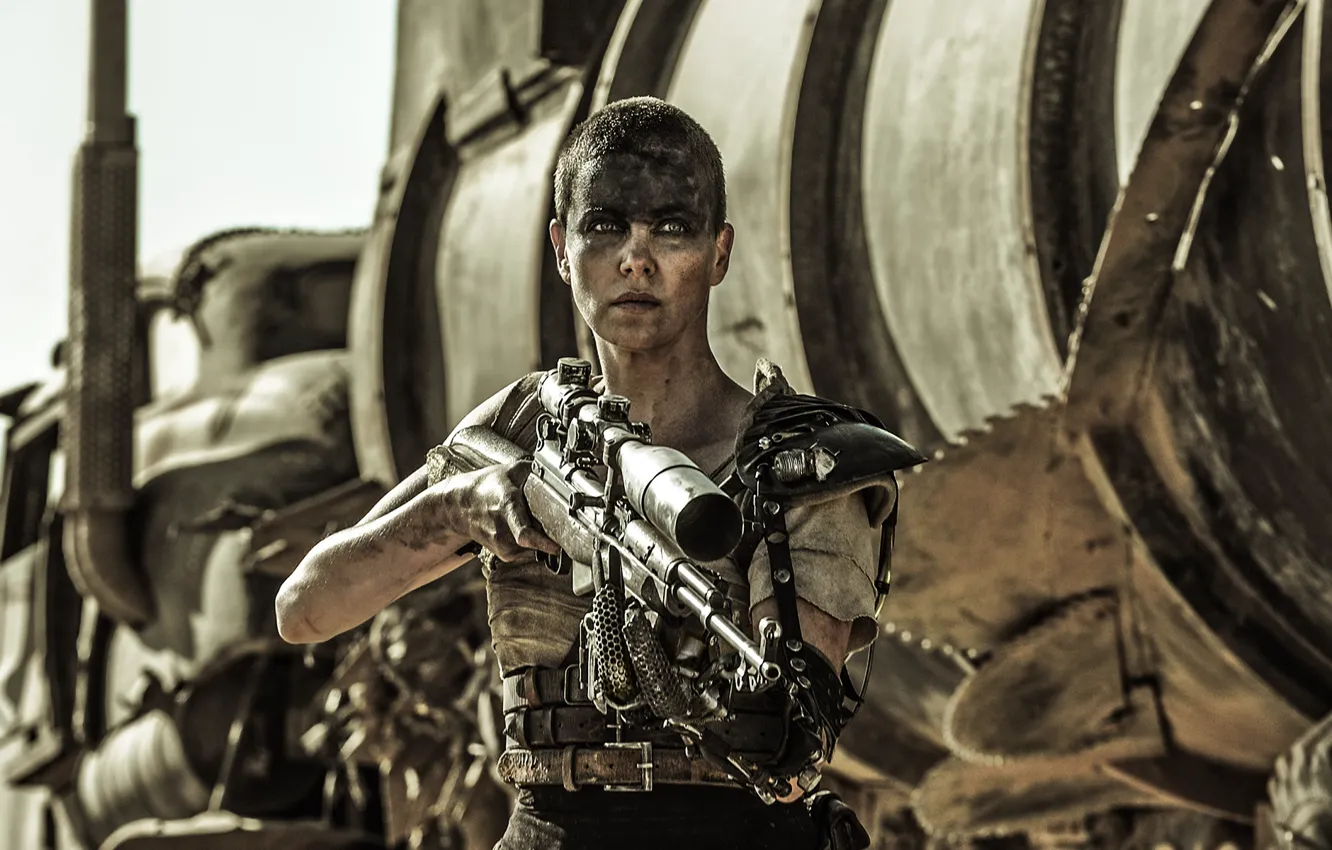 Photo wallpaper weapons, Charlize Theron, frame, Truck, sniper, rifle, Charlize Theron, Mad Max: Fury Road