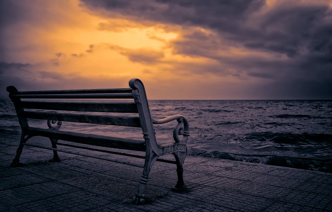 Photo wallpaper sea, night, bench