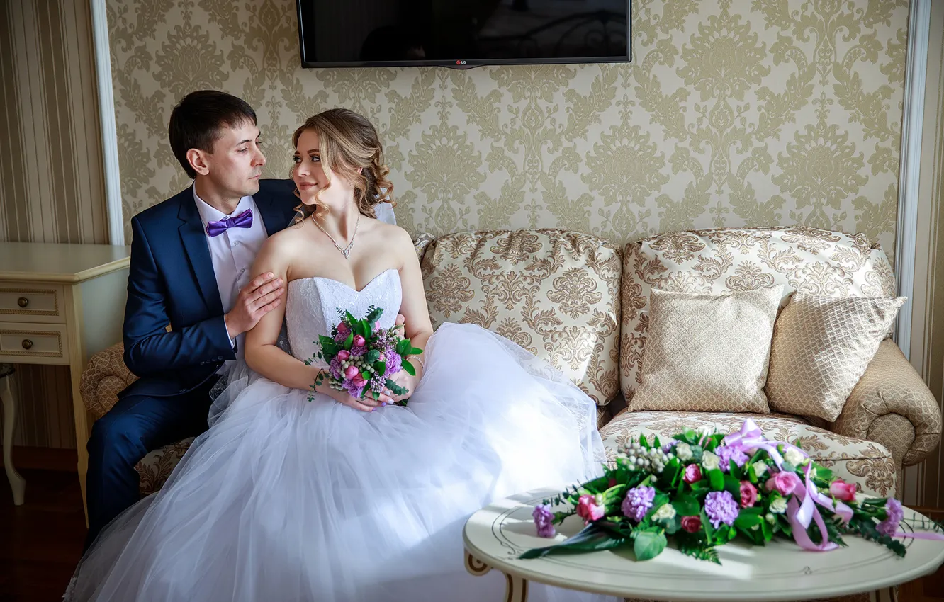 Photo wallpaper girl, flowers, bouquet, dress, lovers, the bride, wedding, the groom