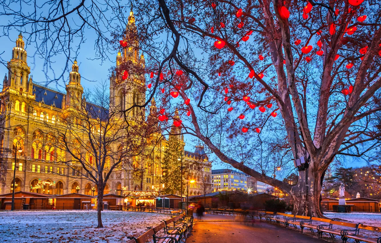 Photo wallpaper winter, snow, trees, the city, lights, holiday, street, building