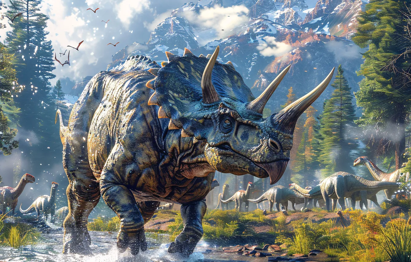 Photo wallpaper water, clouds, trees, mountains, animal, dinosaur, horns, river