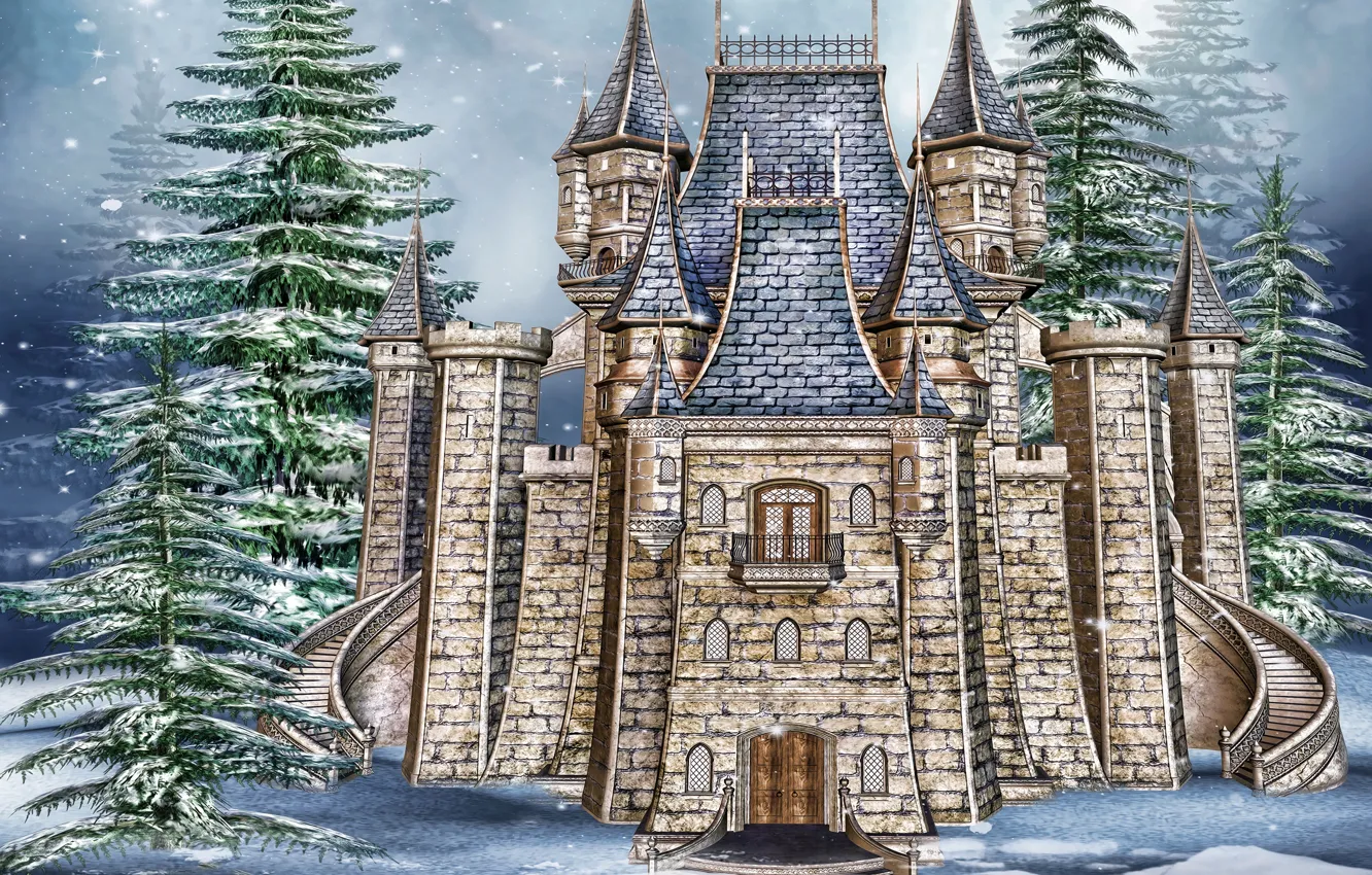 Photo wallpaper winter, snow, photo, castle, spruce, stone, 3D Graphics