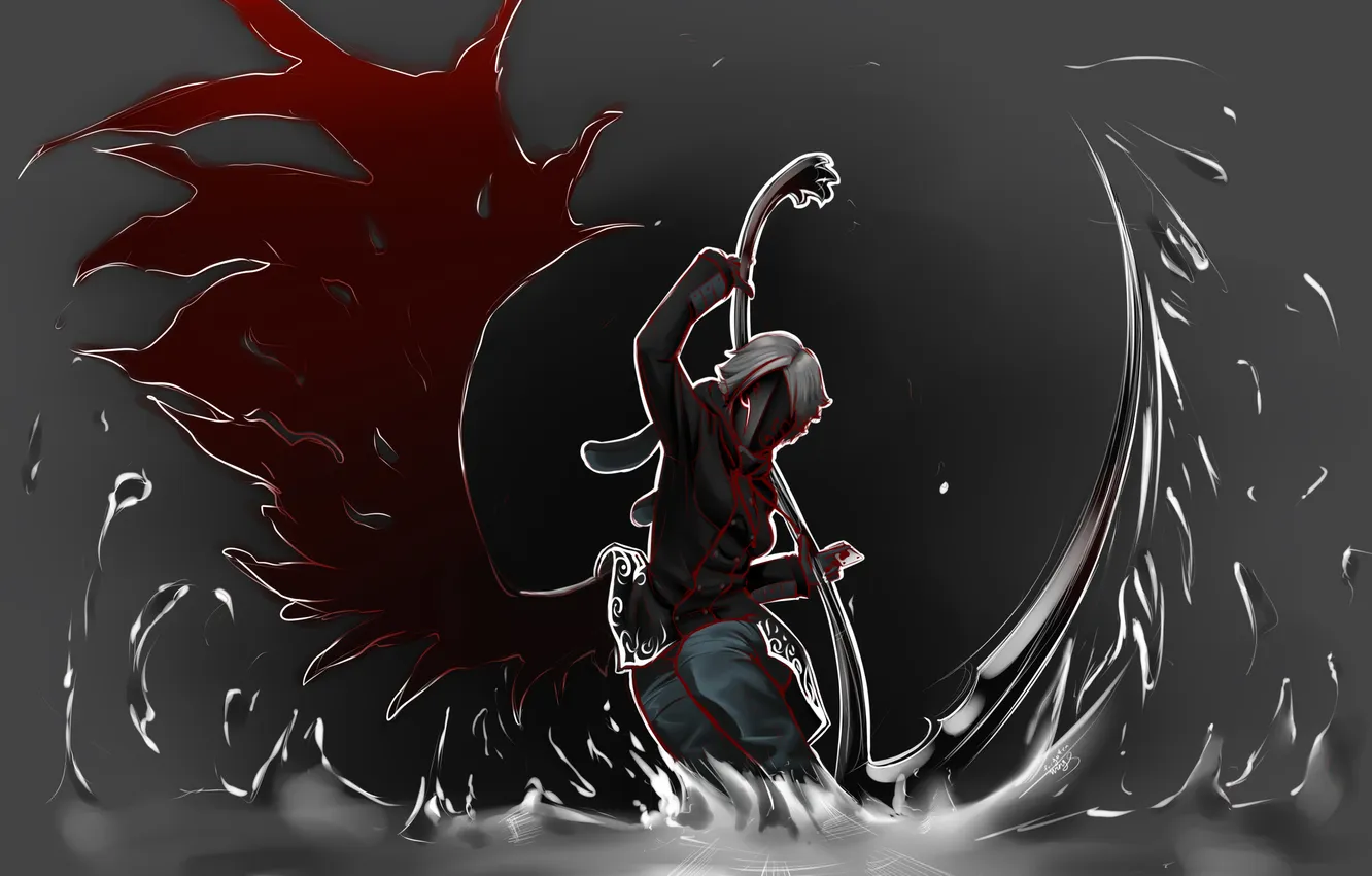 Photo wallpaper girl, weapons, wings, mask, braid, gesture, art, forgotten-wings