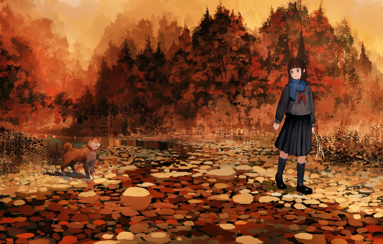 Photo wallpaper autumn, leaves, girl, trees, smile, dog, anime, art