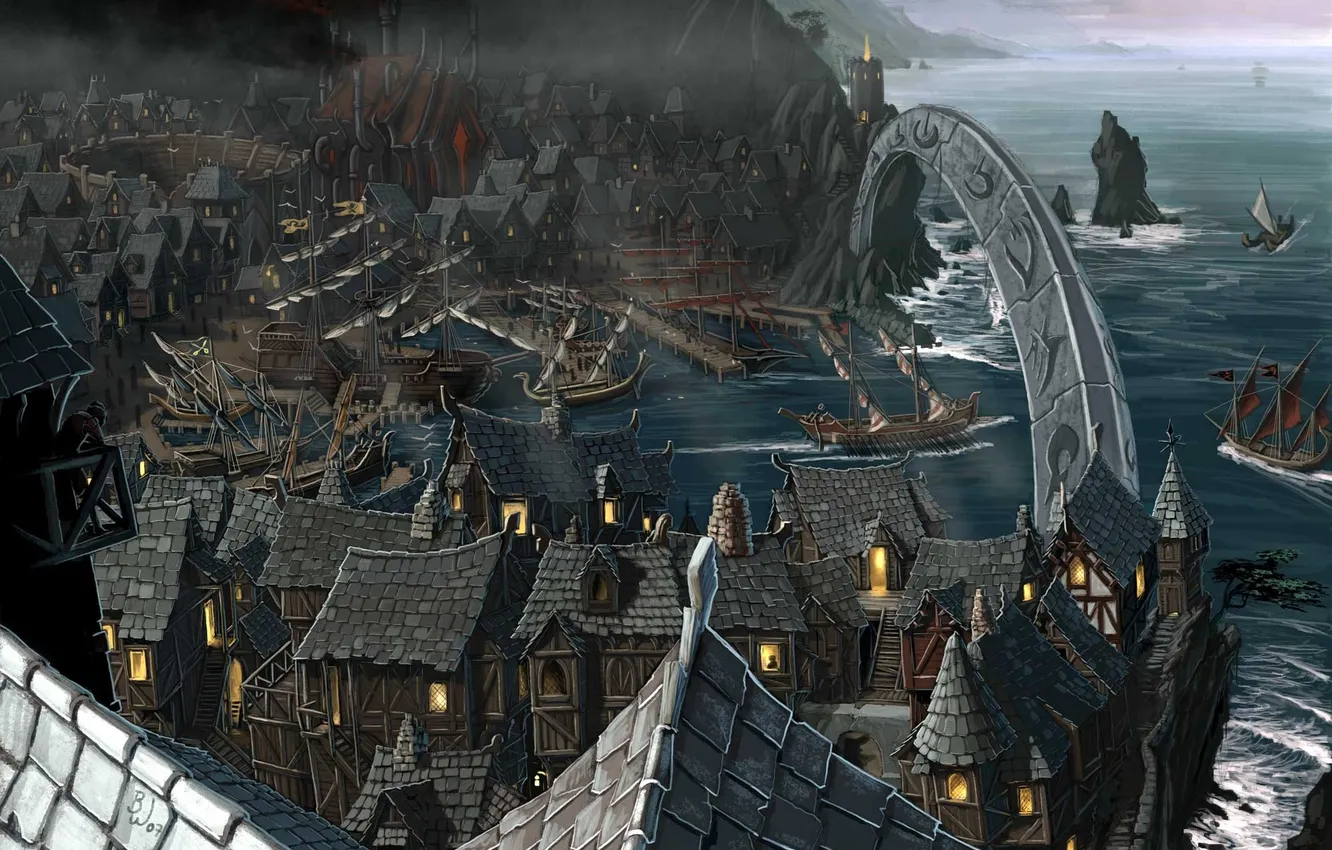 Photo wallpaper sea, the city, ship, Bay, Bay, arch