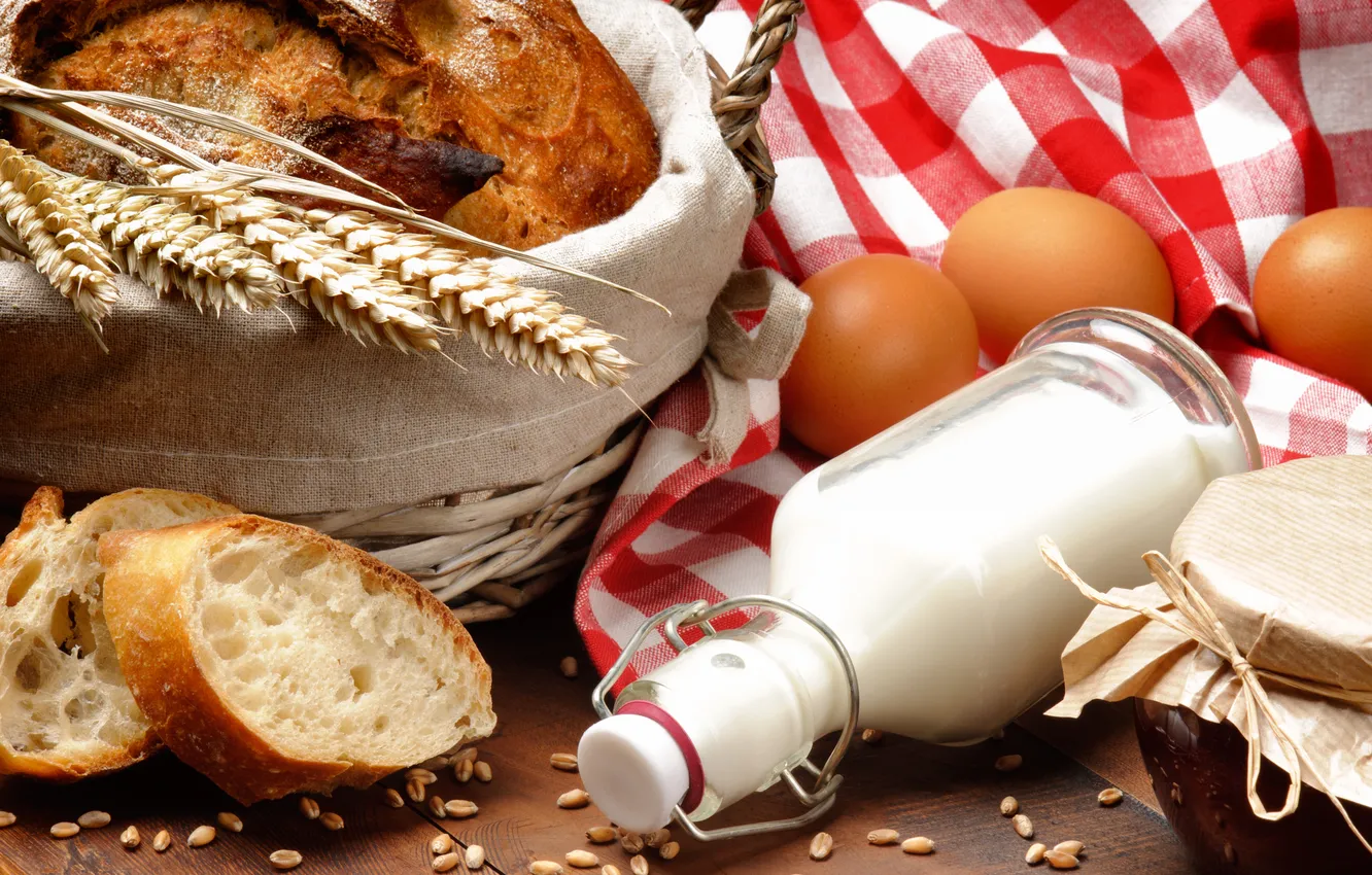 Photo wallpaper eggs, milk, bread, jars, napkin
