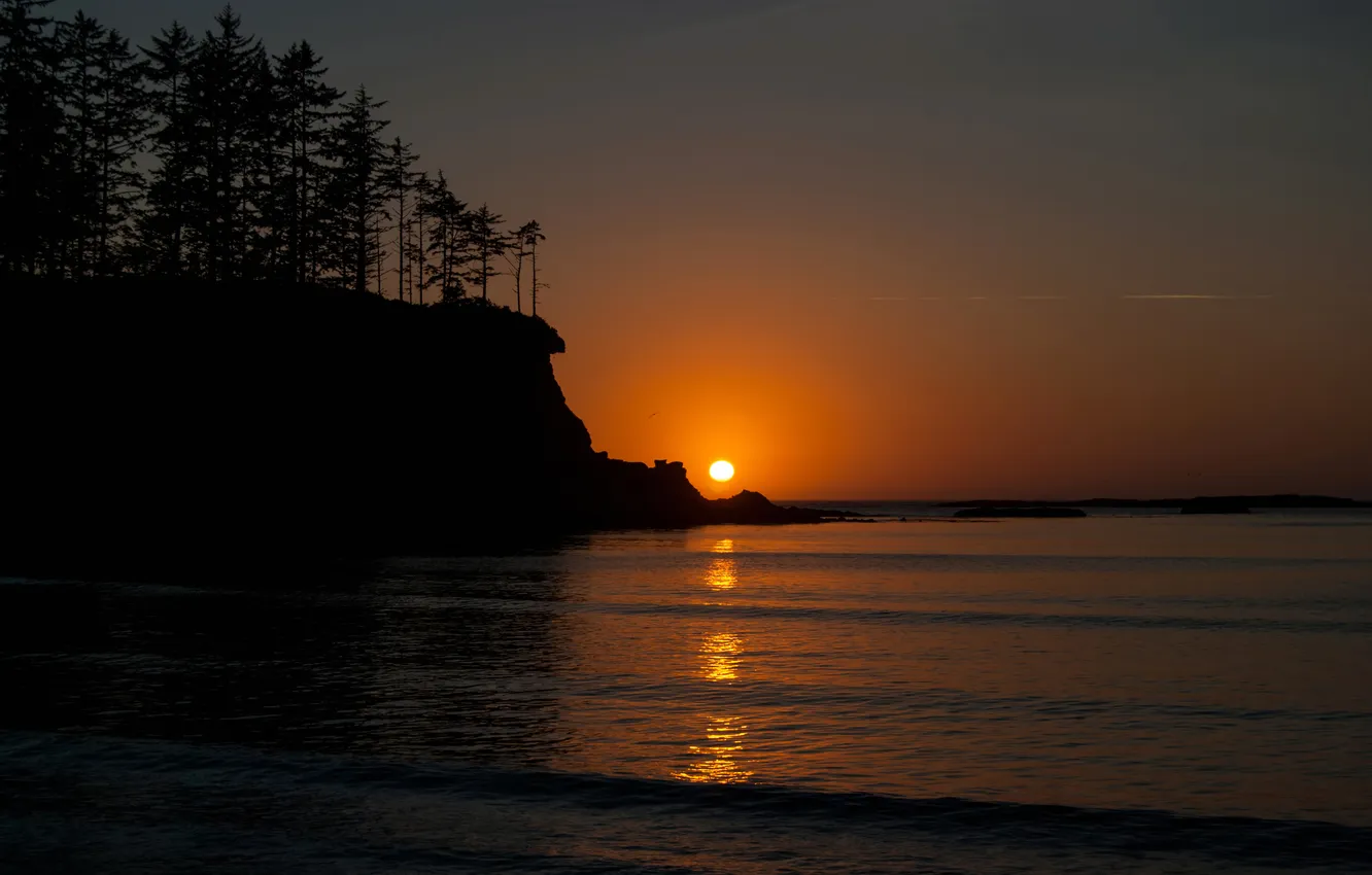 Photo wallpaper sea, the sky, trees, sunset, lake, rocks, horizon