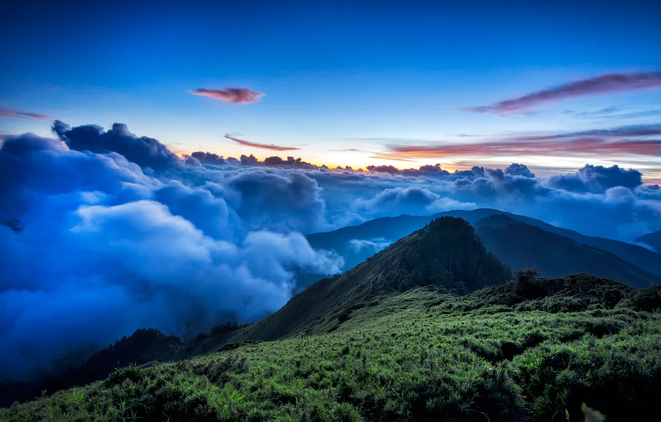 Photo wallpaper the sky, clouds, trees, sunset, mountains