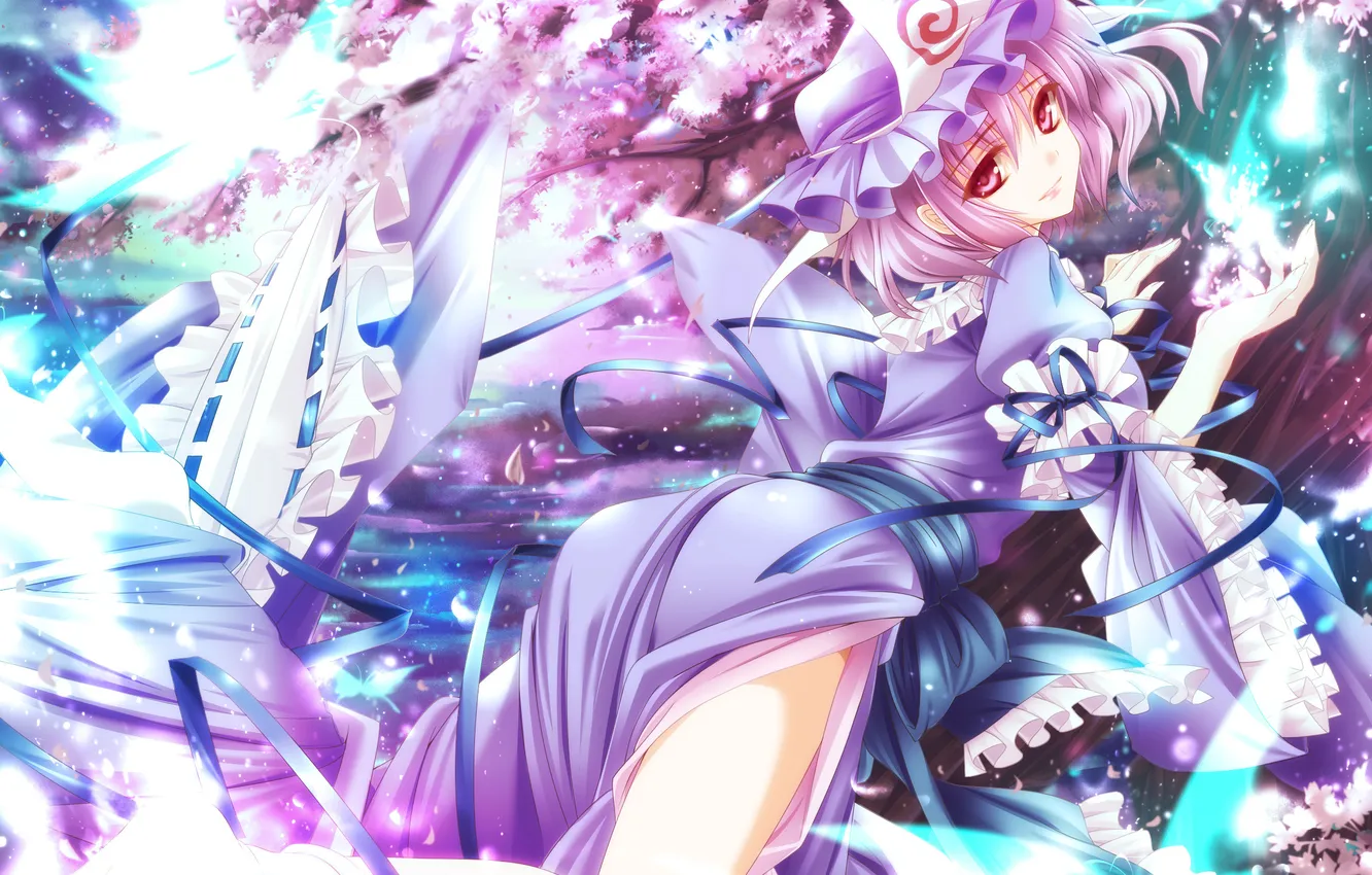 Photo wallpaper girl, trees, Sakura, touhou, Saigyouji Yuyuko